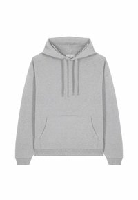 Felpa grigia realizzata in morbido cotone misto con tasca frontale, cappuccio con lacci e polsini a costine. Design semplice, senza motivi o accenti visibili.