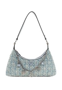 Geantă din material textil țesut, de culoare albastră, cu un logo triangular, accente din lanț argintiu, accesorii decorative și o curea de umăr simplă de culoare neagră.