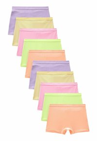 Set od deset mekanih pamučnih bokserica u pastelnim bojama: ljubičasta, žuta, ružičasta, zelena i narančasta. Svaka ima elastičan pojas i glatku teksturu.