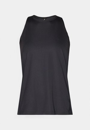 Black sleeveless athletic shirt made from a smooth, lightweight fabric. Features a round neckline and flat seams for comfort.