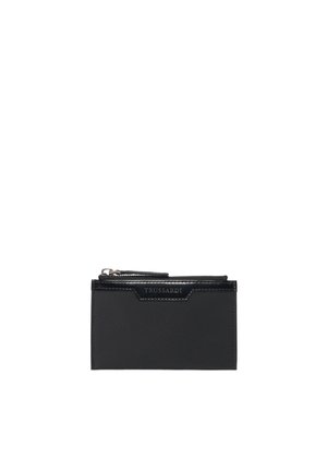 Portafoglio nero Trussardi con compartimento con zip, texture liscia, forma rettangolare, con logo impresso sul fronte.