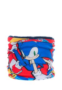 Cuello de tela multicolor con diseño de personaje de dibujos animados, con acentos en azul, rojo, amarillo y blanco. Material suave y elástico.