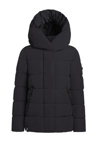 Musta toppatakki, jossa on suuri taitettu huppu, tikattu malli ja vetoketjulliset sivutaskut. Pintakerros on teksturoitu, ja takissa on pitkät hihat.