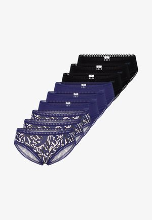 Lot de sept slips pour femmes en marine, noir et un motif à motif. Présente une bordure en dentelle et une coupe confortable. Confectionné en tissu doux.