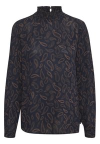 Blouse bleu marine à manches longues avec un col montant à volants et un motif cachemire en tons or et cuivre, confectionnée en tissu léger.