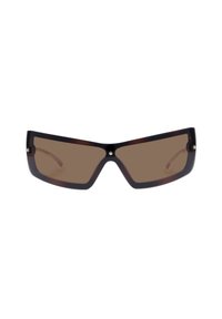 Prostokątne okulary przeciwsłoneczne z ciemnymi oprawkami w tortoise shell i brązowymi soczewkami. Posiadają metalowe akcenty oraz proste, lekkie zauszniki.