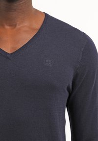 Homme portant un pull-over bleu marine en V avec un petit logo brodé sur la poitrine gauche, montré du cou jusqu'au milieu du torse.