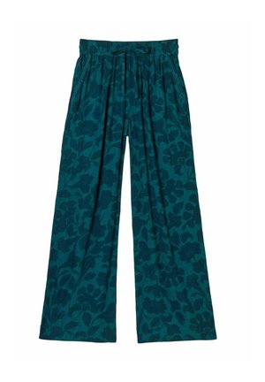 Pantalones de pierna ancha color azul verdoso con un sutil estampado floral, cintura elástica, cordón y bolsillos laterales.