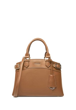 Brązowa skórzana torebka z podwójnymi uchwytami, regulowanym paskiem na ramię, przednimi klamrami oraz nazwą marki Lasocki na środkowej części przodu.