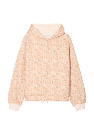 Kapuzensweatshirt aus leichtem Pfirsichstoff mit einem geometrischen Muster in verschiedenen Pfirsich- und Orangetönen. Mit elastischen Bündchen und einem Kordelzugsaum.