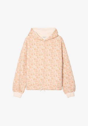 Kapuzensweatshirt aus leichtem Pfirsichstoff mit einem geometrischen Muster in verschiedenen Pfirsich- und Orangetönen. Mit elastischen Bündchen und einem Kordelzugsaum.