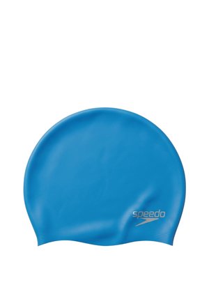 Blaue Silikonschwimmkappe mit kleinem silberfarbenem Speedo-Logo an der Seite.