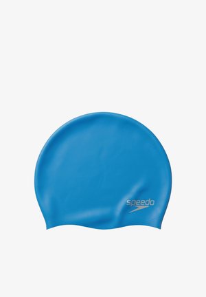 Cuffia da nuoto in silicone blu con piccolo logo Speedo argento sul lato.