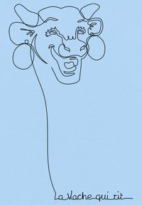 Linritning av ett koansikte på ljusblå bakgrund. Funktioner med överdrivna ansiktsuttryck. Texten "La Vache qui rit" i stiliserad font.