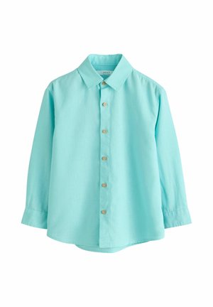 Hellblaues Baumwollhemd mit langen Ärmeln, Holzknöpfen, klassischem Kragen und geknöpften Manschetten, auf weißem Hintergrund präsentiert.