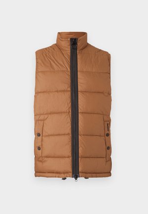 Pruun pehmendusega vest kõrge kraega, ees täielik tõmblukk ja taskutel trukkidega detailid. Valmistatud siledast ja kergest kangast.