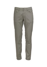 Pantalone slim fit boje khaki s tkaninom sličnom denimu; ima prednje džepove, zatvaranje na metalnu dugmad i suptilne detalje šivanja.
