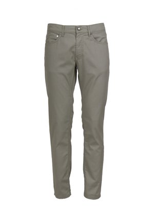 Pantalone slim fit boje khaki s tkaninom sličnom denimu; ima prednje džepove, zatvaranje na metalnu dugmad i suptilne detalje šivanja.