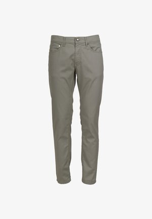 Spodnie w kolorze khaki, w wąskim kroju, wykonane z materiału przypominającego dżins; posiadają przednie kieszenie, metalowe zapięcie na guzik oraz subtelne detale przyszycia.