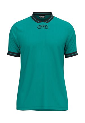Camiseta deportiva de manga corta color azul verdoso con ribetes negros en el cuello y los puños y un logo centrado de JAKO Sport debajo del cuello.