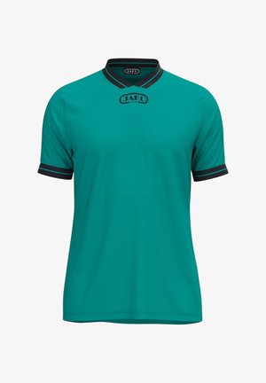 T-shirt de sport à manches courtes bleu sarcelle avec bordure noire au col et aux poignets et logo JAKO Sport centré sous le col.