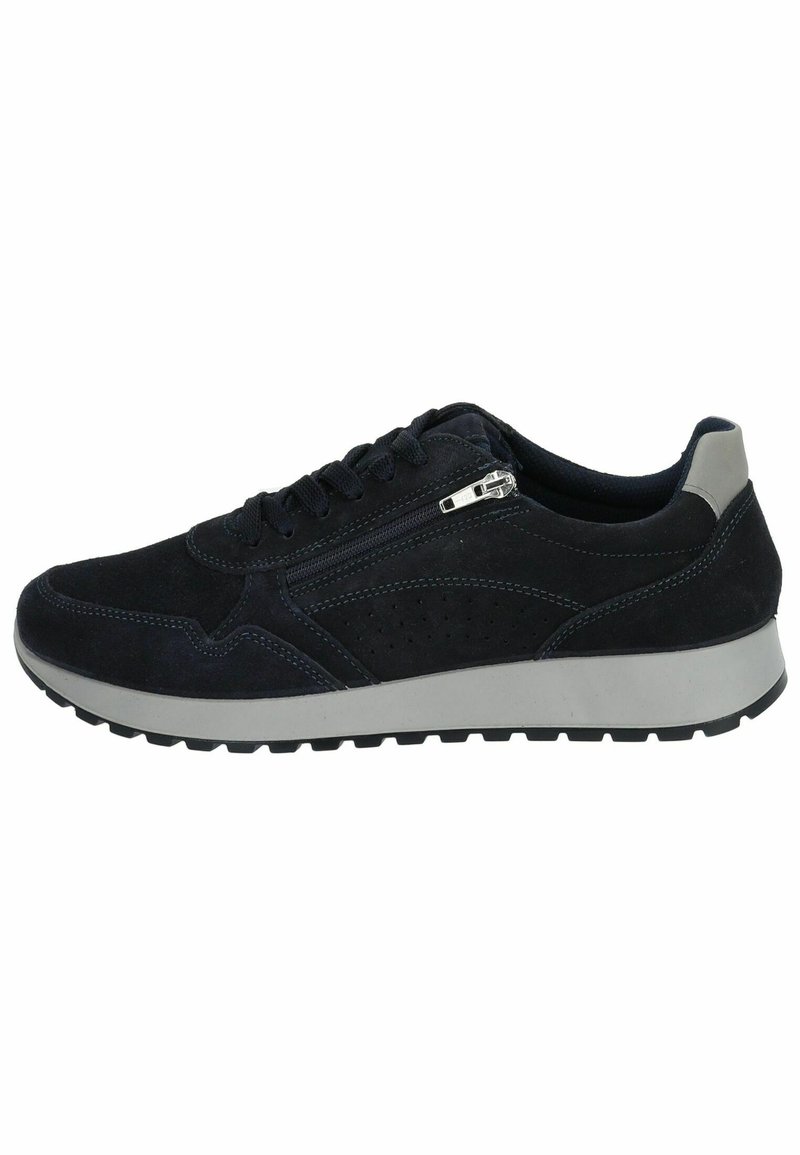 Sneaker in suede nero con design con lacci, cerniera laterale, accentuazione grigia sul tallone, dettagli perforati e suola in gomma testurizzata.