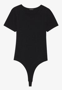 Body noir à manches courtes en tissu doux. Présente un col rond et des fermetures à pression en bas. Texture lisse et design minimaliste.
