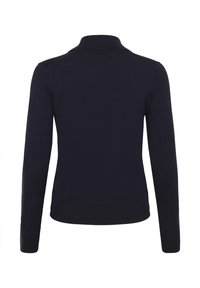 Sötét tengerészkék hosszú ujjú pulóver bordázott gallérral, mandzsettával és szegéllyel, hátulnézetben, fehér háttér előtt.