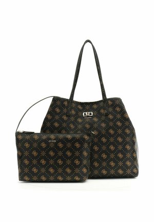 Borsa tote nera Guess e pochette abbinata con motivo monogramma marrone e doppi manici superiori sulla tote.