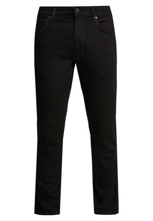 Pantalones vaqueros de mezclilla negra con un diseño de pierna recta, estilo clásico de cinco bolsillos, cierre de botón y cremallera, y detalles de costura sutiles.