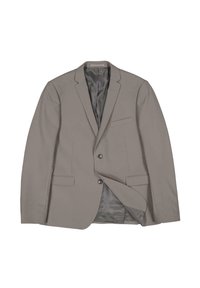 Gray blazer with a notched lapel, single button closure, side pockets, and a smooth inner lining. Features a tailored fit and clean lines.