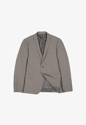 Grauer Blazer mit Reverskragen, Ein-Knopf-Verschluss, Seitentaschen und glattem Innenfutter. Verfügt über eine taillierte Passform und klare Linien.