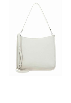 Weiße Leder-Schultertasche mit glatter Oberfläche, geschwungener Form, verstellbarem Riemen und silbernen Metallakzenten. Minimalistisches Design ohne Muster.