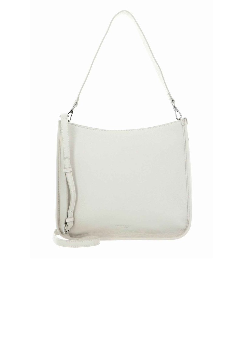 Sac à bandoulière en cuir blanc avec une texture lisse, forme incurvée, sangle réglable, et accents métalliques argentés. Design minimaliste sans motifs.