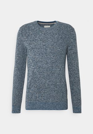 Herrenpullover mit langen Ärmeln und Rundhalsausschnitt aus strukturiertem blauem Strickstoff mit gerippten Bündchen und Saum.