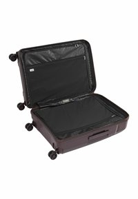 Hartschalenkoffer in Dunkelbraun mit einem Reißverschluss-Meshtaschen innen. Vier Rollen und ein Tragegriff für einfache Manövrierfähigkeit.