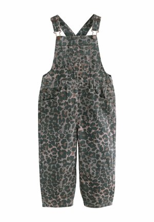 Green and brown leopard print overalls made of denim, featuring adjustable straps, two side pockets, and a chest pocket.