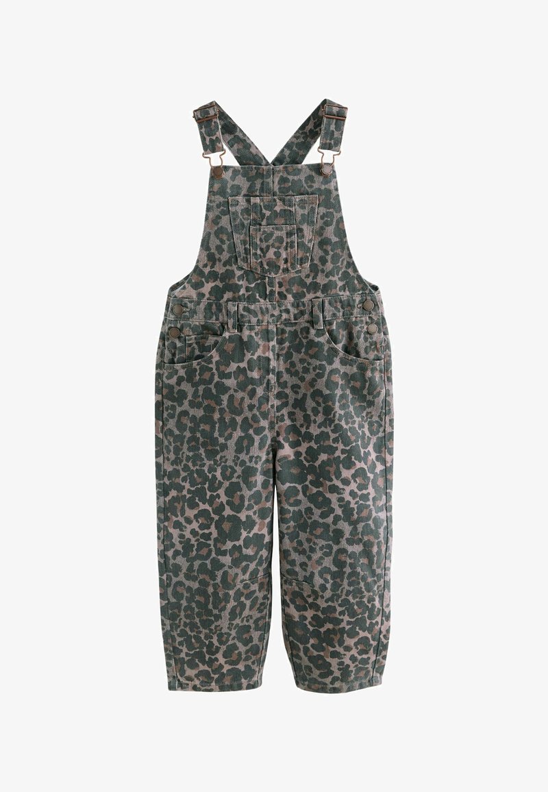 Green and brown leopard print overalls made of denim, featuring adjustable straps, two side pockets, and a chest pocket.