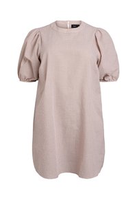 Krótka sukienka z bufiastymi rękawami w jasnobrązowym kolorze z małym wzorem w kratkę, okrągły dekolt oraz zamek z tyłu dla łatwego zakładania. Gładka tekstura.