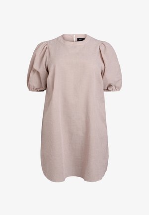 Lyhythihainen puku vaaleanruskeana, jossa on pieni ruutukuosi, pyöreä kaula-aukko ja takavetoketju helppoa pukemista varten. Sujuva tuntuma.