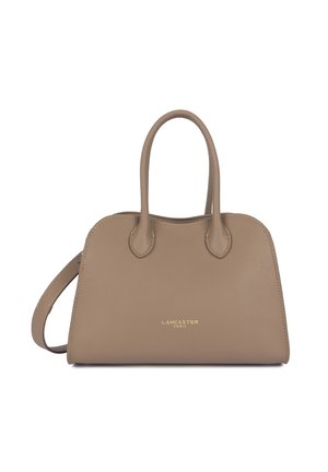 Sac à main en cuir taupe avec poignées supérieures arrondies, logo Lancaster Paris doré et bandoulière attachée.