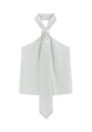 Écharpe blanche avec des rayures horizontales dans un motif diagonal. Présente un nœud attaché en haut et une extrémité pointue. Tissu lisse et léger.