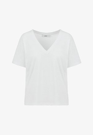 Witte V-hals T-shirt met korte mouwen, gemaakt van zachte stof. Heeft een comfortabele pasvorm en een minimalistisch ontwerp zonder zichtbare patronen of accenten.