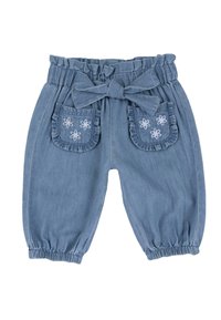 Pantalon en denim bleu clair avec une taille élastique, des poches ornées de volants et une broderie florale sur les poches. Jambes fuselées avec des ourlets élastiques.
