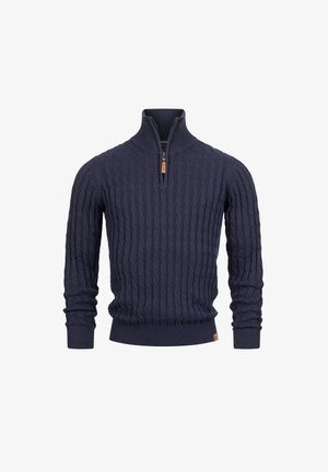 Granatowy sweter z dzianiny w splot warkoczowy z kołnierzem na pół zamek. Wyposażony w ściągacze u rękawów i na dole, wykonany z teksturowanej, średniej wagi tkaniny, z skórzanym akcentem.