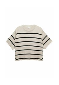 Ribbad kortärmad topp i ljusbeige med svarta horisontella ränder. Har rund halsringning och avslappnad passform med sidofickor vid fållen.