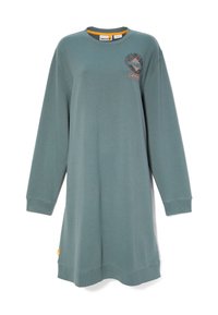 Abito felpa oversize turchese con maniche lunghe, polsini a costine e scollatura rotonda. Presenta una grafica sul davanti e un'etichetta logo laterale.