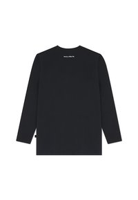 Czarna bluzka z długim rękawem i okrągłym dekoltem, z małym białym logo na górnej części pleców. Gładka tekstura, prosty prostokątny kształt.