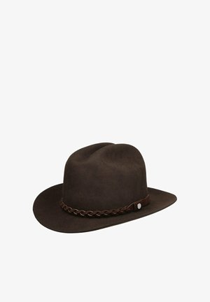 Dark brown wide-brimmed fedora hat with a braided leather band and a small round metal accent on the side.
