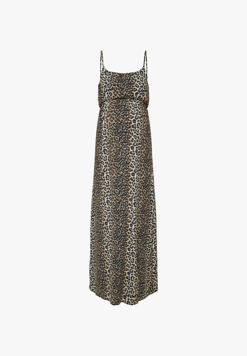 Robe longue imprimé léopard avec fines bretelles et taille légèrement froncée.